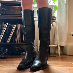 NAVID O NADIA BLACK LEATHER POINTED / SQUARE TOE TALL / CALF HEIGHT HEELED BOOTS